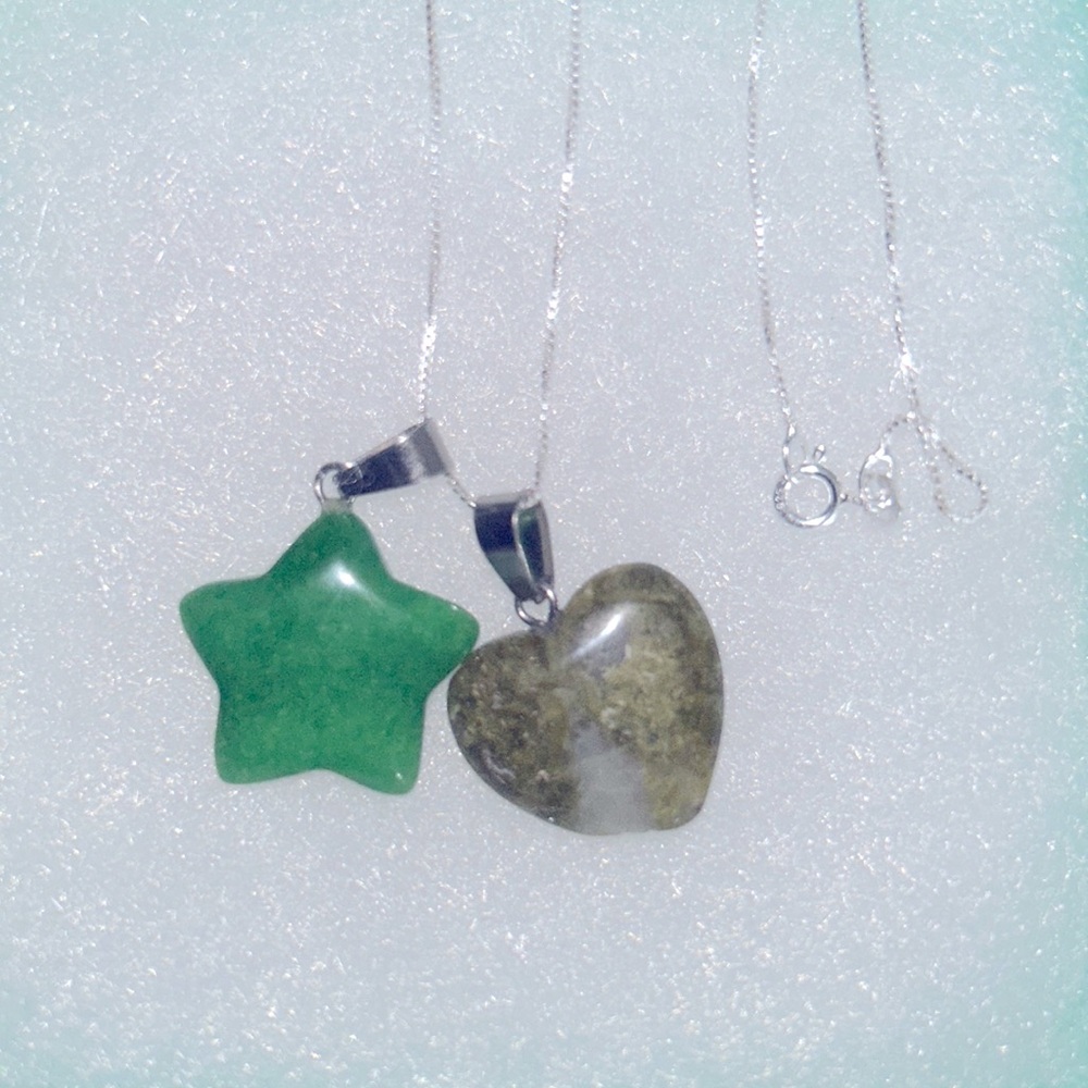Boho hippie Green Serpentine heart ❤️ and jade star ⭐️ Sterling Sil…